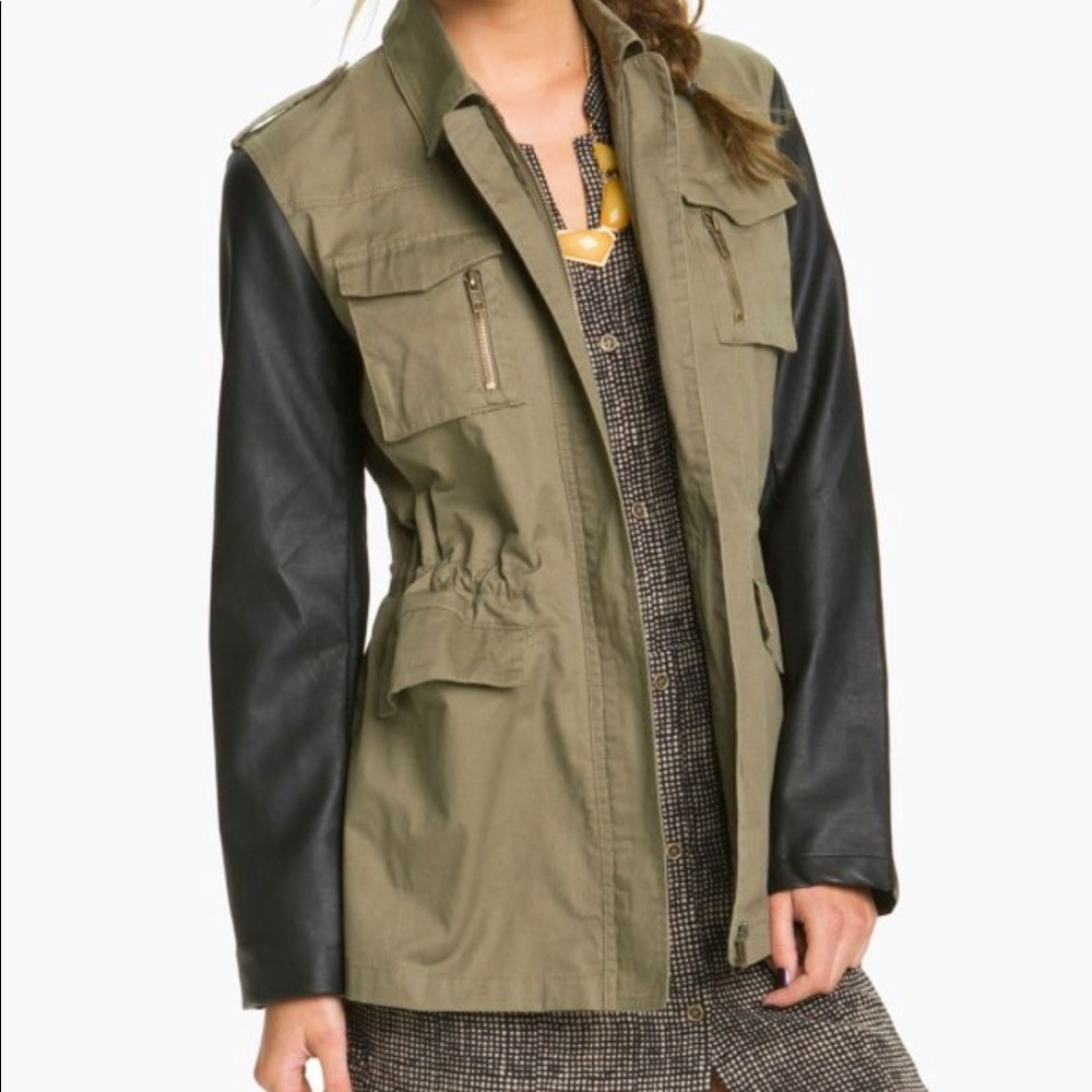 Olive green and leather sleeves parka size medium